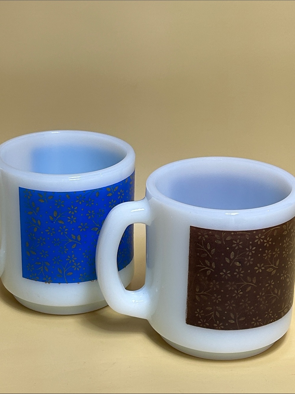 Vintage Termocrisa Milk Glass Mug Blue and Brown Yellow Floral Rare